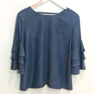Alya Chambray Denim Bell Sleeve Ruffle Blue Top